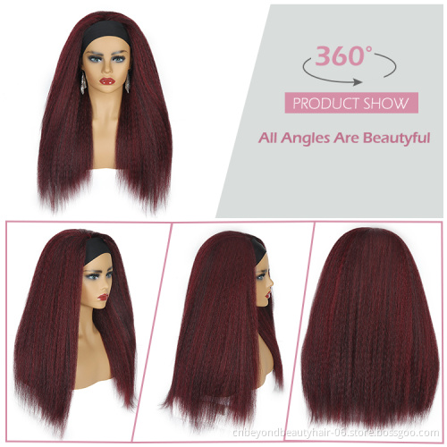 Dark red Yaki Headband wig Synthetic hair extension Kinky Curly Elastic Synthetic wigs For Black Women
